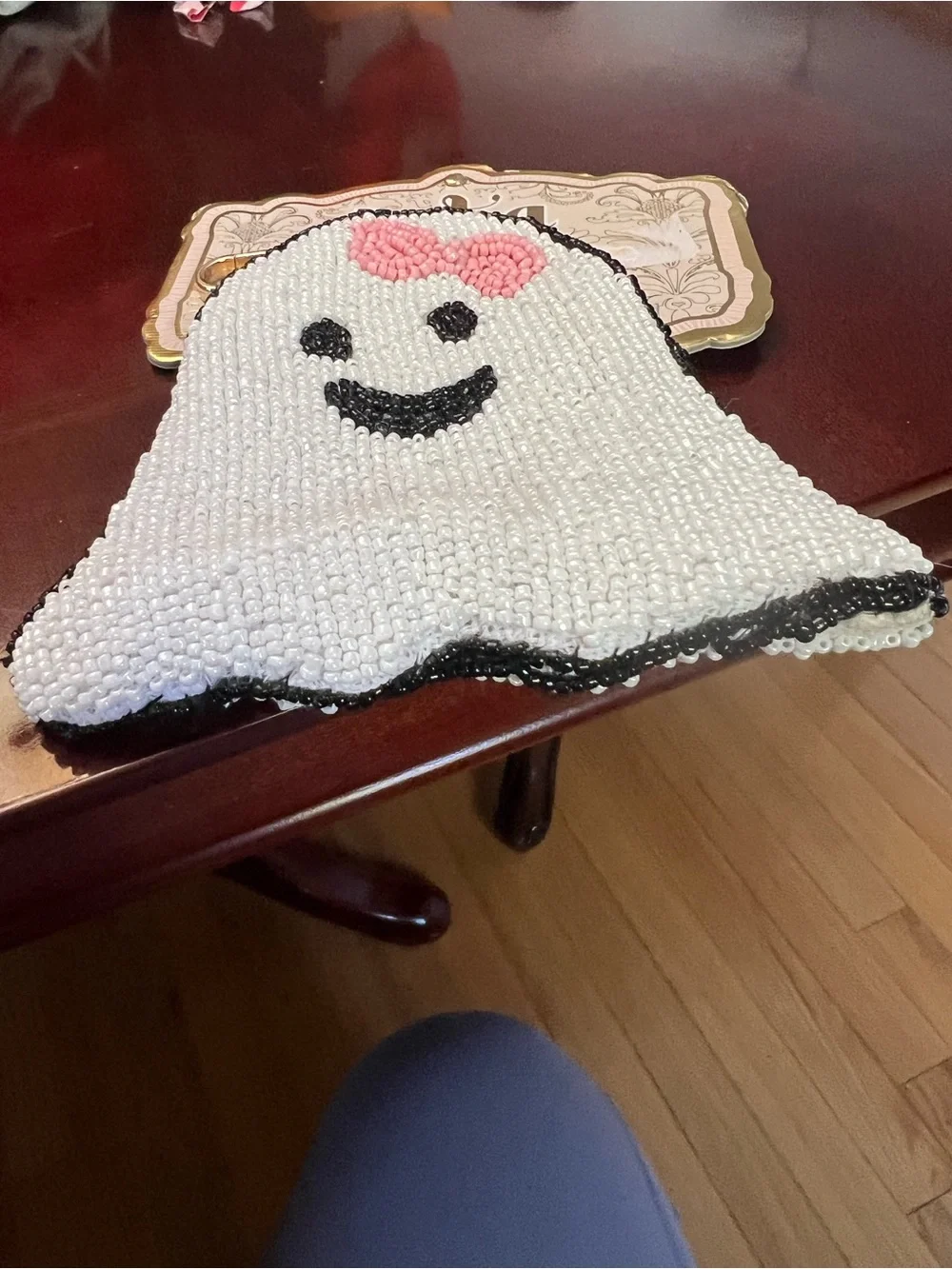 Wandering Moon Beaded Ghost Pouch - White with Pink Bow